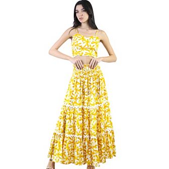 Women's 2 pc Floral Print Smocked Crop Top and Tiered Front Slit Maxi Skirt Set