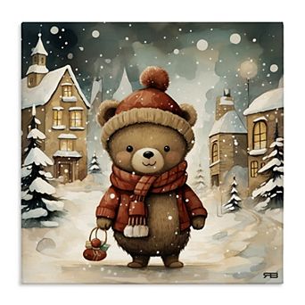 Stupell Home Decor Bear in Snowy Winter Village Canvas
