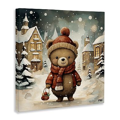 Stupell Home Decor Bear in Snowy Winter Village Canvas