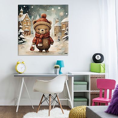 Stupell Home Decor Bear in Snowy Winter Village Canvas