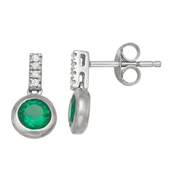 LeRose by Lexi and Rose Rhodium Over Sterling Silver Created Emerald And Created White Sapphire Post Drop Earrings