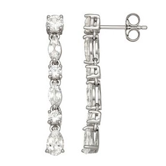 LeRose by Lexi and Rose Rhodium Over Sterling Silver Created White Sapphire Post Drop Linear Earrings