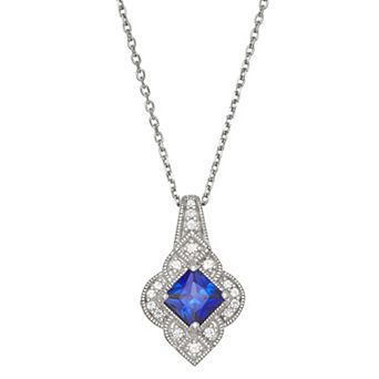 LeRose by Lexi and Rose Rhodium Over Sterling Silver Created Ceylon Sapphire And Created White Sapphire Pendant Necklace