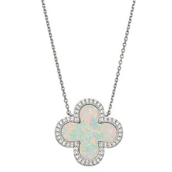 LeRose by Lexi and Rose Rhodium Over Sterling Silver Created White Opal And Created White Sapphire Inlay Pendant Necklace