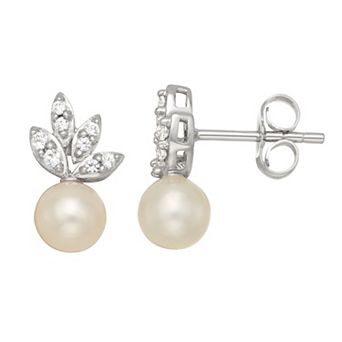 LeRose by Lexi and Rose Rhodium Over Sterling Silver Fresh Water Pearl And Created White Sapphire Earrings