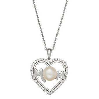 LeRose by Lexi and Rose Sterling Silver Freshwater Cultured Pearl & Lab-Created White Sapphire "Mom" Heart Pendant Necklace