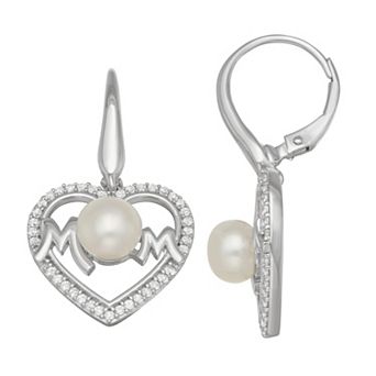 LeRose by Lexi and Rose Sterling Silver Freshwater Cultured Pearl & Lab-Created White Sapphire “Mom” Drop Earrings