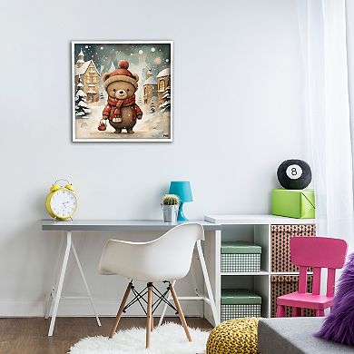 Stupell Home Decor Bear in Snowy Winter Village Framed Giclee