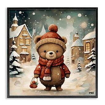 Stupell Home Decor Bear in Snowy Winter Village Framed Giclee