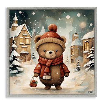 Stupell Home Decor Bear in Snowy Winter Village Framed Giclee
