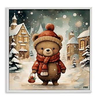 Stupell Home Decor Bear in Snowy Winter Village Framed Giclee