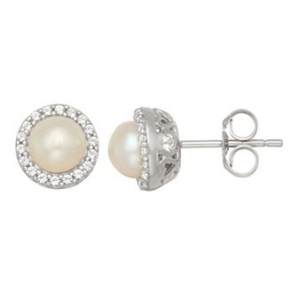 LeRose by Lexi and Rose 10k White Gold Freshwater Cultured Pearl & White Topaz Halo Stud Earring