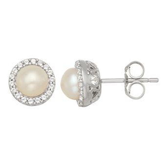 LeRose by Lexi and Rose 10k White Gold Freshwater Cultured Pearl & White Topaz Halo Stud Earring