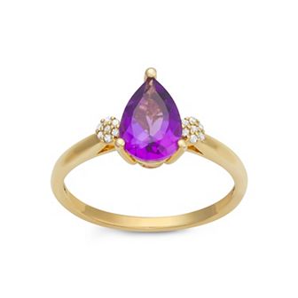 10k Gold Diamond Accent & Amethyst Pear Cut Ring