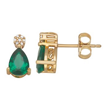 LeRose by Lexi and Rose 10k Gold Diamond Accent & Pear Cut Lab-Created Emerald Stud Earrings