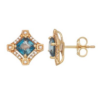 LeRose by Lexi and Rose 10k Gold 1/10 Carat T.W. Diamond & London Blue Topaz Square Stud Earrings