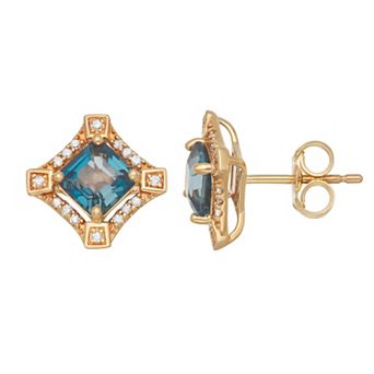LeRose by Lexi and Rose 10k Gold 1/10 Carat T.W. Diamond & London Blue Topaz Square Stud Earrings