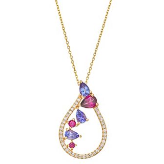 LeRose by Lexi and Rose 10k Gold 3/8 Carat T.W. Diamond, Rhodolite & Tanzanite Teardrop Pendant Necklace