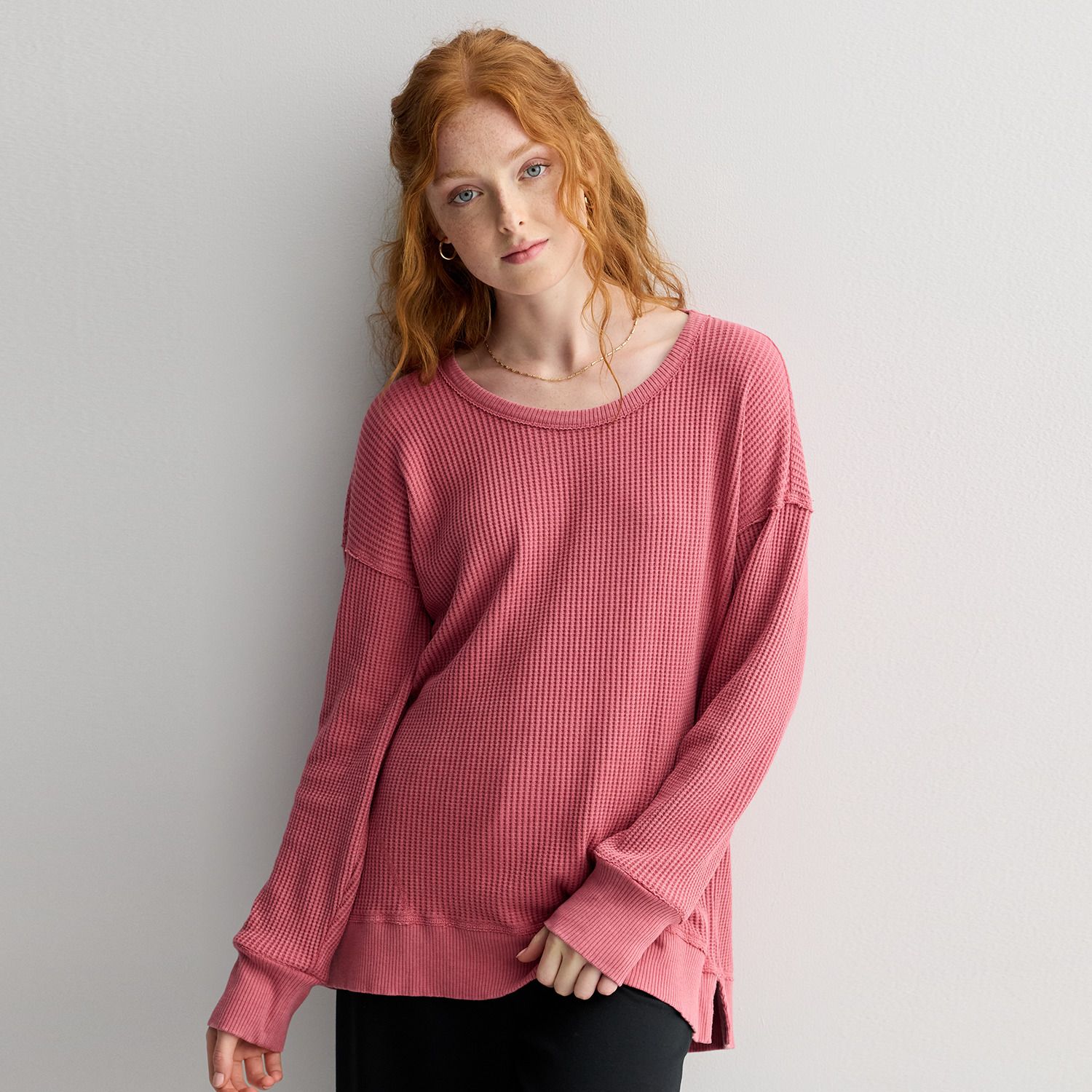 Juniors' SO® Cozy Oversized Waffle Scoop Neck Top