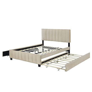 Merax Velvet Upholstered Platform Bed with 2 Drawers and 1 Twin XL Trundle