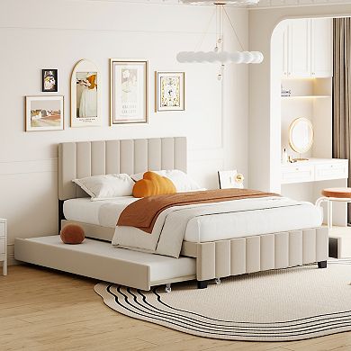 Merax Velvet Upholstered Platform Bed with 2 Drawers and 1 Twin XL Trundle