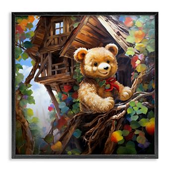 Stupell Home Decor Happy Bear in Tree House Framed Canvas Wall Art