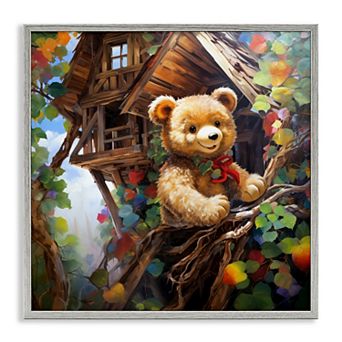 Stupell Home Decor Happy Bear in Tree House Framed Canvas Wall Art