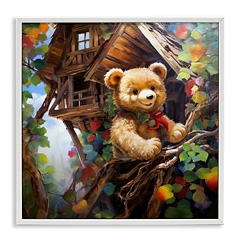 Stupell Home Decor Happy Bear in Tree House Framed Canvas Wall Art