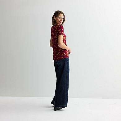 Women's Autumn All-Over Print V-Neck Short Sleeve Top