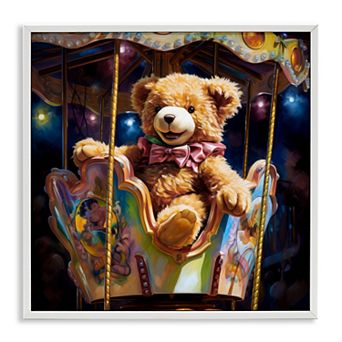 Stupell Home Decor Teddy Bear on Carousel Framed Canvas Wall Art