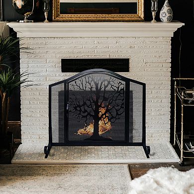 43 Inches 3 Panel Iron Fireplace Screen, Mesh Design, Arched Top, Tree Of Life Art, Black