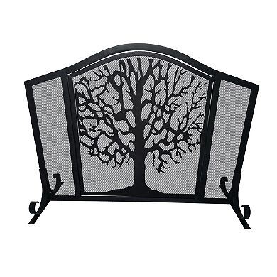 43 Inches 3 Panel Iron Fireplace Screen, Mesh Design, Arched Top, Tree Of Life Art, Black