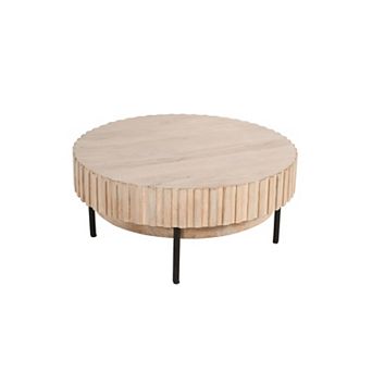 36 Inch Modern Handcrafted Round Coffee Table, Oak White Wood Top With Grooved Edges