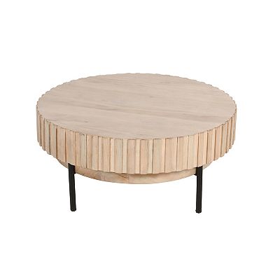 36 Inch Modern Handcrafted Round Coffee Table, Oak White Wood Top With Grooved Edges