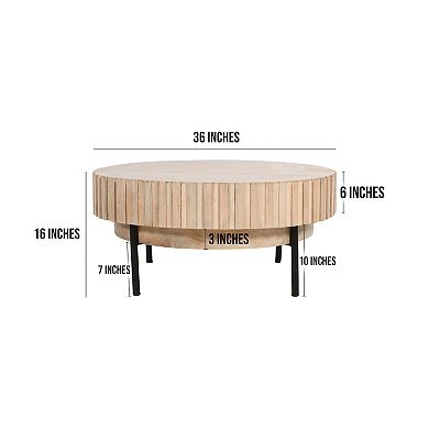 36 Inch Modern Handcrafted Round Coffee Table, Oak White Wood Top With Grooved Edges