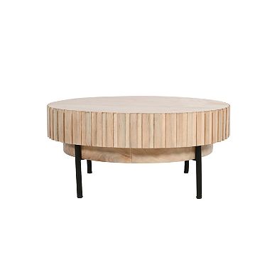 36 Inch Modern Handcrafted Round Coffee Table, Oak White Wood Top With Grooved Edges