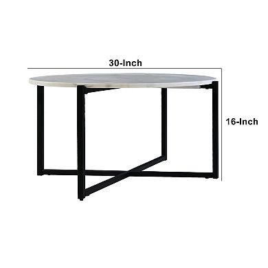Ivy 30 Inch Marble Top Round Coffee Table With Metal Frame, White And Black
