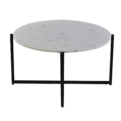 Ivy 30 Inch Marble Top Round Coffee Table With Metal Frame, White And Black