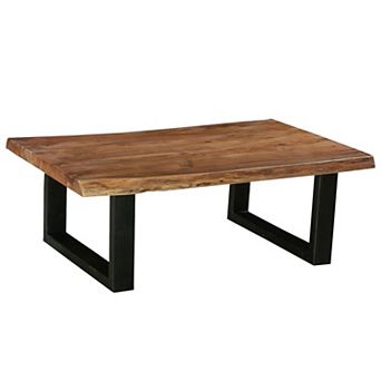 45 Inch Acacia Wood Rectangular Coffee Table, Black Powder Coated Metal Sled Base, Natural Brown