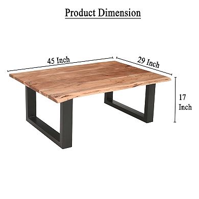 45 Inch Acacia Wood Rectangular Coffee Table, Black Powder Coated Metal Sled Base, Natural Brown