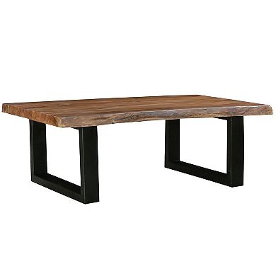 45 Inch Acacia Wood Rectangular Coffee Table, Black Powder Coated Metal Sled Base, Natural Brown