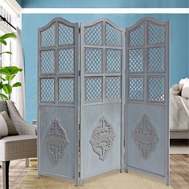 Three Panel Wooden Room Divider With Traditional Carvings And Cutouts, Blue
