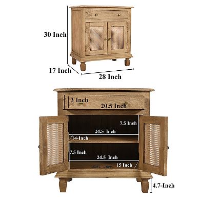 30 Inch Nightstand Table, Rattan Cabinet Doors And Drawer Fronts, Sandblasted Mango Wood