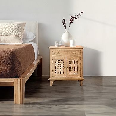 30 Inch Nightstand Table, Rattan Cabinet Doors And Drawer Fronts, Sandblasted Mango Wood