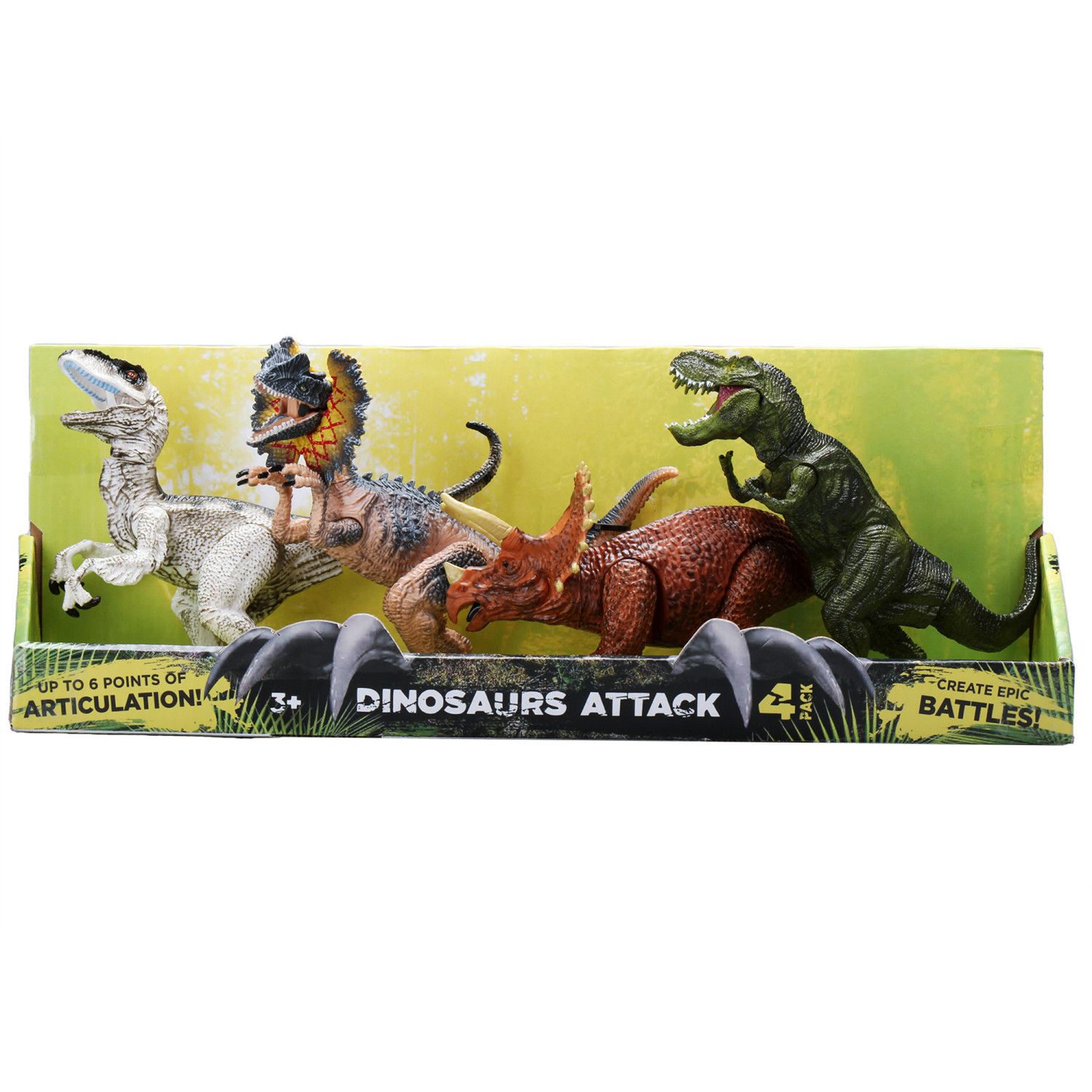 Детские фигурки Kid Galaxy Dinosaur Attack 4-Pack T-Rex Dilophosaurus Velociraptor Triceratops — фото 1