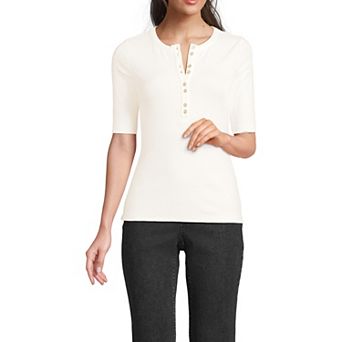 Women's Lands' End Elbow Sleeve Polished Rib Henley Top