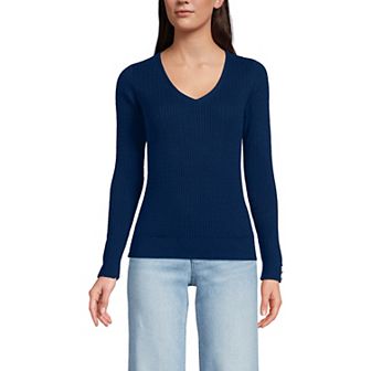 Women's Lands' End Fine Gauge Baby Cable V-Neck Sweater