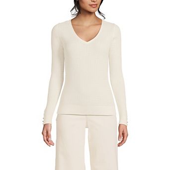 Women's Lands' End Fine Gauge Baby Cable V-Neck Sweater