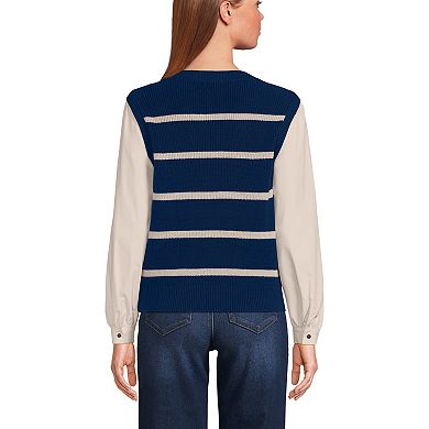 Women's Lands' End Drifter Shaker Button Shoulder Sweater Vest with Poplin Sleeves