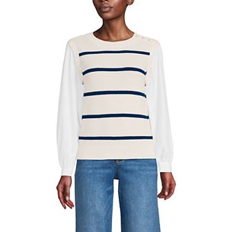 Women's Lands' End Drifter Shaker Button Shoulder Sweater Vest with Poplin Sleeves